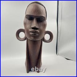 VTG African Bust Hand Carved Wood Sculpture Tribal Head Wooden 1979 (Signed Art)