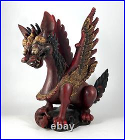 VTG Balinese Singa Barong Winged Lion Statue Wood Carved Sculpture Bali 11H