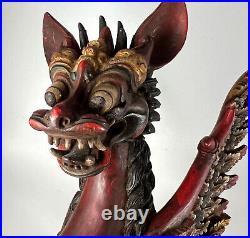 VTG Balinese Singa Barong Winged Lion Statue Wood Carved Sculpture Bali 11H