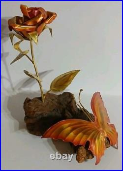 VTG Brutalist Copper Brass Wood Art Rose Butterfly Signed M. Hinz 1986