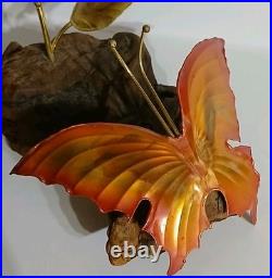 VTG Brutalist Copper Brass Wood Art Rose Butterfly Signed M. Hinz 1986