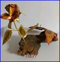 VTG Brutalist Copper Brass Wood Art Rose Butterfly Signed M. Hinz 1986