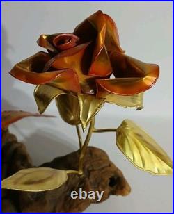 VTG Brutalist Copper Brass Wood Art Rose Butterfly Signed M. Hinz 1986