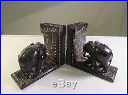 VTG Carved Wood Bookends Elephant Black Salanka Tusks Jungle Sculpture Figurine