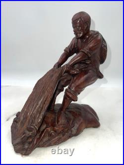 VTG Carved Wood Chinese Fisherman with Fish Net Wood Carving Man Fishing