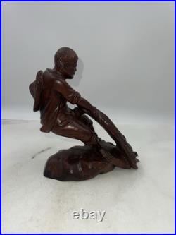 VTG Carved Wood Chinese Fisherman with Fish Net Wood Carving Man Fishing