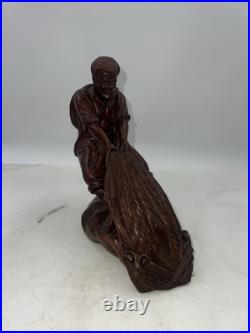 VTG Carved Wood Chinese Fisherman with Fish Net Wood Carving Man Fishing