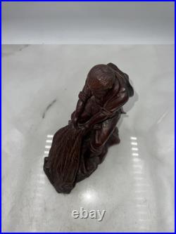 VTG Carved Wood Chinese Fisherman with Fish Net Wood Carving Man Fishing
