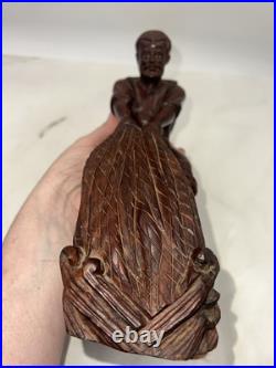 VTG Carved Wood Chinese Fisherman with Fish Net Wood Carving Man Fishing
