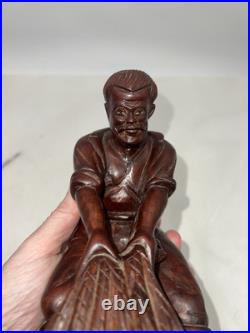 VTG Carved Wood Chinese Fisherman with Fish Net Wood Carving Man Fishing