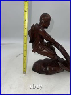 VTG Carved Wood Chinese Fisherman with Fish Net Wood Carving Man Fishing