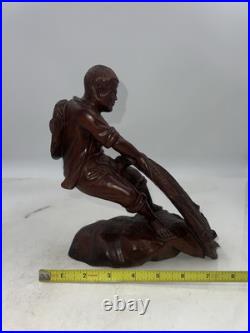 VTG Carved Wood Chinese Fisherman with Fish Net Wood Carving Man Fishing