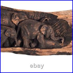 VTG Carved Wood Relief Sculpture Elephants Primitive Long Driftwood Wall Art 68