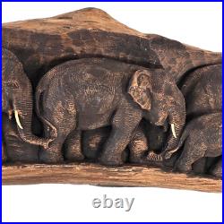 VTG Carved Wood Relief Sculpture Elephants Primitive Long Driftwood Wall Art 68
