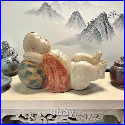 VTG Chinese Hand-Carved Lucky Baby Wood Sculpture Reclining Figure 10.25