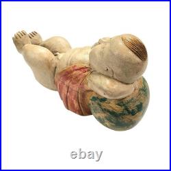 VTG Chinese Hand-Carved Lucky Baby Wood Sculpture Reclining Figure 10.25