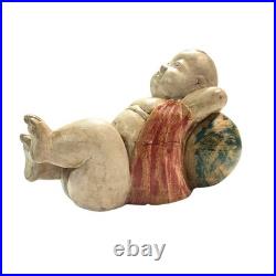 VTG Chinese Hand-Carved Lucky Baby Wood Sculpture Reclining Figure 10.25