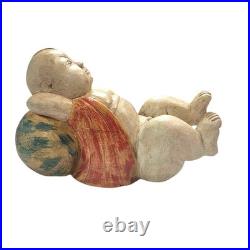 VTG Chinese Hand-Carved Lucky Baby Wood Sculpture Reclining Figure 10.25