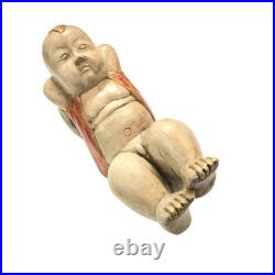 VTG Chinese Hand-Carved Lucky Baby Wood Sculpture Reclining Figure 10.25