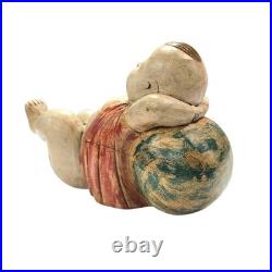 VTG Chinese Hand-Carved Lucky Baby Wood Sculpture Reclining Figure 10.25