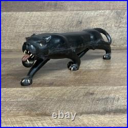 VTG Ebony Wood Carved Indian Tiger/Panther Figurine with Ivory Accents