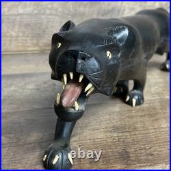 VTG Ebony Wood Carved Indian Tiger/Panther Figurine with Ivory Accents