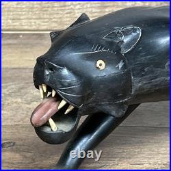 VTG Ebony Wood Carved Indian Tiger/Panther Figurine with Ivory Accents
