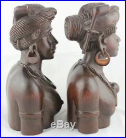 VTG Hand Carved Couple Pair Busts Wood Man Woman Wedding Philippines Tribal Set