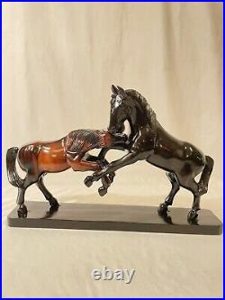 VTG Hand Carved Solid Wood Sculpture with2 Horses Playing. Wooden Base 12.5 tall
