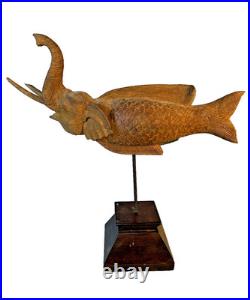 VTG Hand Carved Thai Elephant Fish Makara Sculpture Wood on Stand 18 Tall