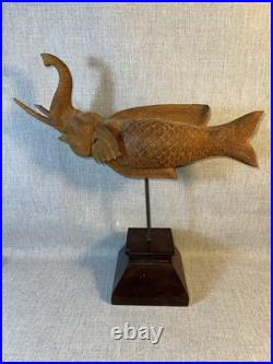 VTG Hand Carved Thai Elephant Fish Makara Sculpture Wood on Stand 18 Tall