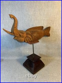 VTG Hand Carved Thai Elephant Fish Makara Sculpture Wood on Stand 18 Tall