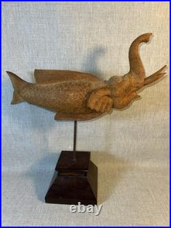 VTG Hand Carved Thai Elephant Fish Makara Sculpture Wood on Stand 18 Tall
