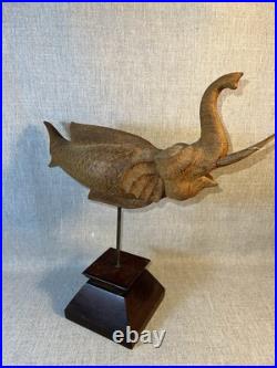 VTG Hand Carved Thai Elephant Fish Makara Sculpture Wood on Stand 18 Tall