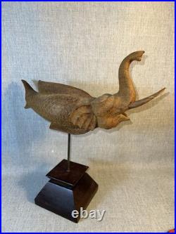 VTG Hand Carved Thai Elephant Fish Makara Sculpture Wood on Stand 18 Tall