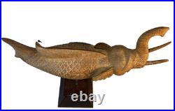 VTG Hand Carved Thai Elephant Fish Makara Sculpture Wood on Stand 18 Tall