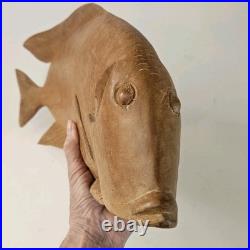 VTG Hand Carved Wood Fish Sculpture Folk Art Fine Detail Large Single Piece 17x8