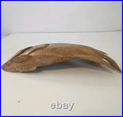 VTG Hand Carved Wood Fish Sculpture Folk Art Fine Detail Large Single Piece 17x8