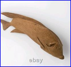 VTG Hand Carved Wood Fish Sculpture Folk Art Fine Detail Large Single Piece 17x8