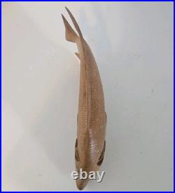 VTG Hand Carved Wood Fish Sculpture Folk Art Fine Detail Large Single Piece 17x8