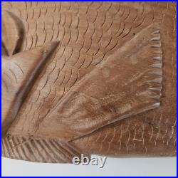 VTG Hand Carved Wood Fish Sculpture Folk Art Fine Detail Large Single Piece 17x8