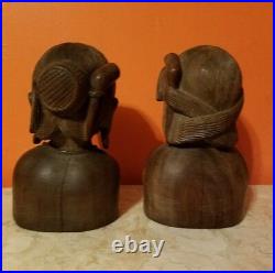 VTG Hand Carved Wood Igorot Tribe Man & Woman Bust Phillipines Sculpture Statues