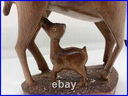 VTG Hand Carved Wood Sculpture Gazelle Antelope Nursing Suckling Baby Mother
