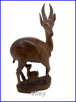 VTG Hand Carved Wood Sculpture Gazelle Antelope Nursing Suckling Baby Mother
