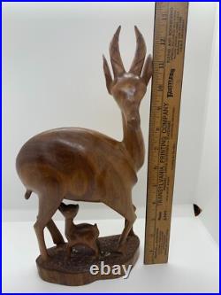 VTG Hand Carved Wood Sculpture Gazelle Antelope Nursing Suckling Baby Mother