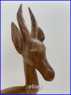 VTG Hand Carved Wood Sculpture Gazelle Antelope Nursing Suckling Baby Mother
