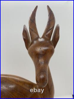 VTG Hand Carved Wood Sculpture Gazelle Antelope Nursing Suckling Baby Mother