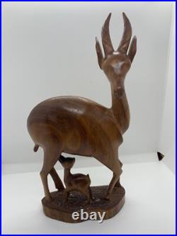VTG Hand Carved Wood Sculpture Gazelle Antelope Nursing Suckling Baby Mother