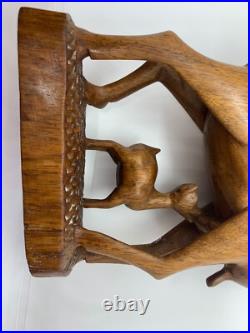 VTG Hand Carved Wood Sculpture Gazelle Antelope Nursing Suckling Baby Mother