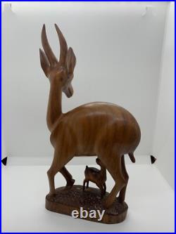 VTG Hand Carved Wood Sculpture Gazelle Antelope Nursing Suckling Baby Mother